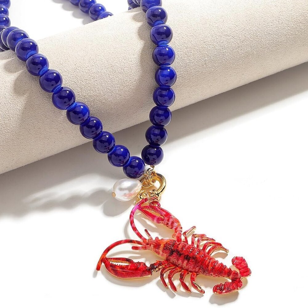 Elegant Deep Blue Beaded Lobster Pendant Necklace for Women - Beach Chic - Picture 3 of 7